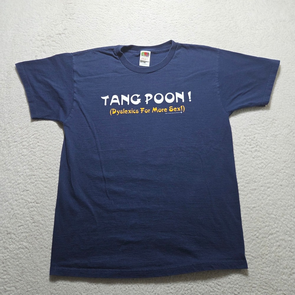 Vintage 2001 Fruit of the Loom T Shirt Mens L Blue Tang Poon Funny Y2K Graphic